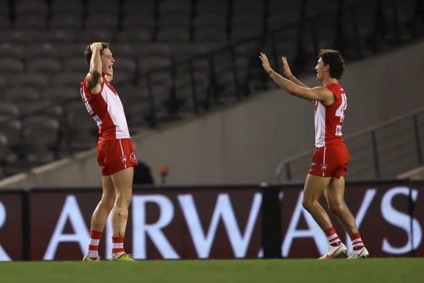 Hayden McLean of the Swans celebrates kicking a goal during the round 23 AFL match between Sydney Swans and Gold Coast Suns at Marvel Stadium on...