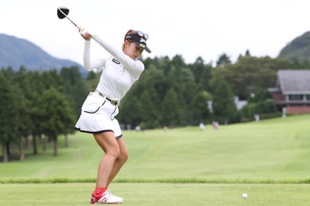 Reika Usui of Japan hits her tee shot on the 9th hole during the second round of the CAT Ladies at Daihakone Country Club on August 21, 2021 in...