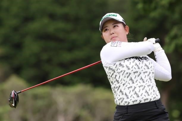 Saki Asai of Japan hits her tee shot on the 7th hole during the second round of the CAT Ladies at Daihakone Country Club on August 21, 2021 in...