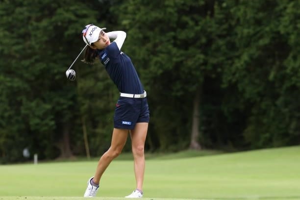 Yuka Yasuda of Japan hits her second shot on the 1st hole during the second round of the CAT Ladies at Daihakone Country Club on August 21, 2021 in...
