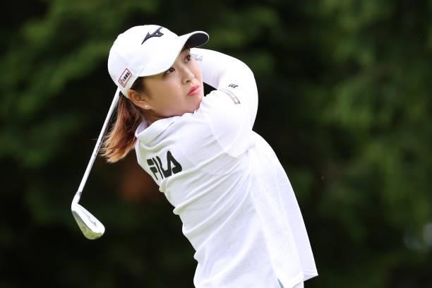 Mao Saigo of Japan hits her tee shot on the 5th hole during the second round of the CAT Ladies at Daihakone Country Club on August 21, 2021 in...