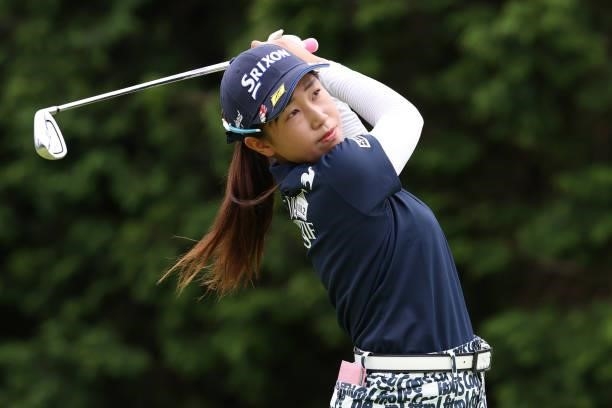 Nana Suganuma of Japan hits her tee shot on the 5th hole during the second round of the CAT Ladies at Daihakone Country Club on August 21, 2021 in...
