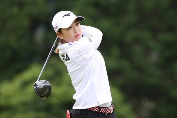 Mao Saigo of Japan hits her tee shot on the 4th hole during the second round of the CAT Ladies at Daihakone Country Club on August 21, 2021 in...