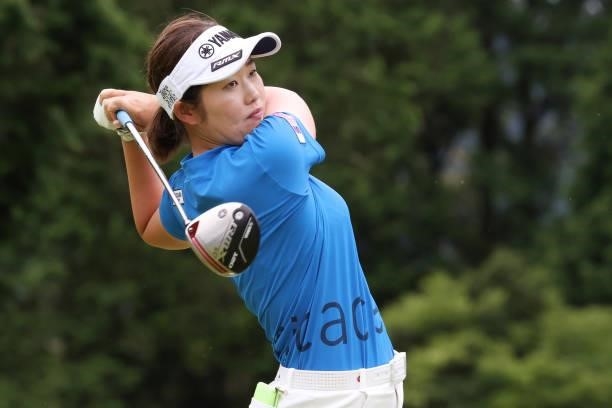 Nozomi Uetake of Japan hits her tee shot on the 4th hole during the second round of the CAT Ladies at Daihakone Country Club on August 21, 2021 in...