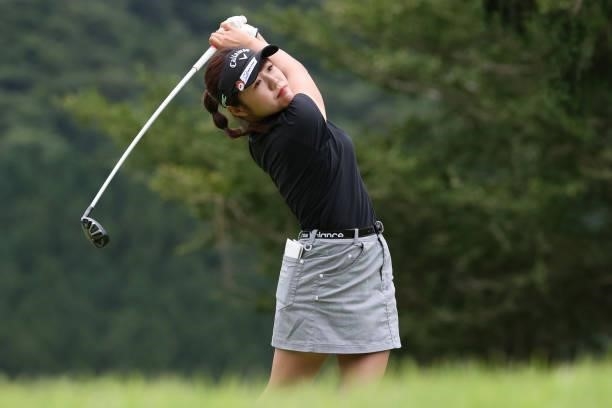 Mayu Hirota of Japan hits her tee shot on the 3rd hole during the second round of the CAT Ladies at Daihakone Country Club on August 21, 2021 in...