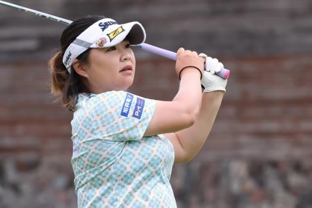 Hiroko Azuma of Japan hits her tee shot on the 1st hole during the second round of the CAT Ladies at Daihakone Country Club on August 21, 2021 in...