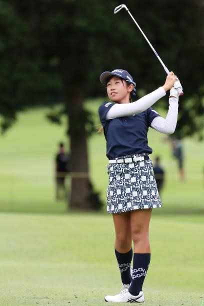 Nana Suganuma of Japan hits her second shot on the 4th hole during the second round of the CAT Ladies at Daihakone Country Club on August 21, 2021 in...