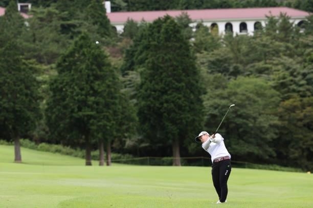 Mao Saigo of Japan hits her second shot on the 4th hole during the second round of the CAT Ladies at Daihakone Country Club on August 21, 2021 in...