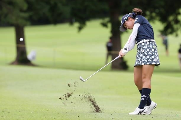 Nana Suganuma of Japan hits her second shot on the 4th hole during the second round of the CAT Ladies at Daihakone Country Club on August 21, 2021 in...