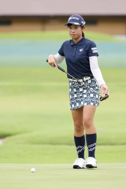 Nana Suganuma of Japan putts on the 4th hole during the second round of the CAT Ladies at Daihakone Country Club on August 21, 2021 in Hakone,...