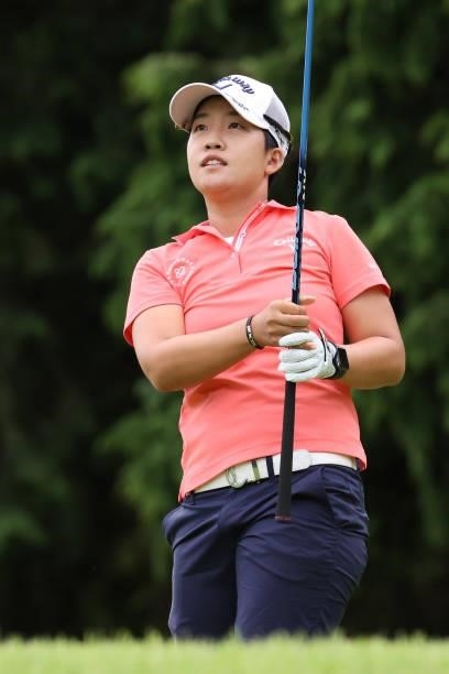 Hee-Kyung Bae of South Korea hits her tee shot on the 2nd hole during the second round of the CAT Ladies at Daihakone Country Club on August 21, 2021...