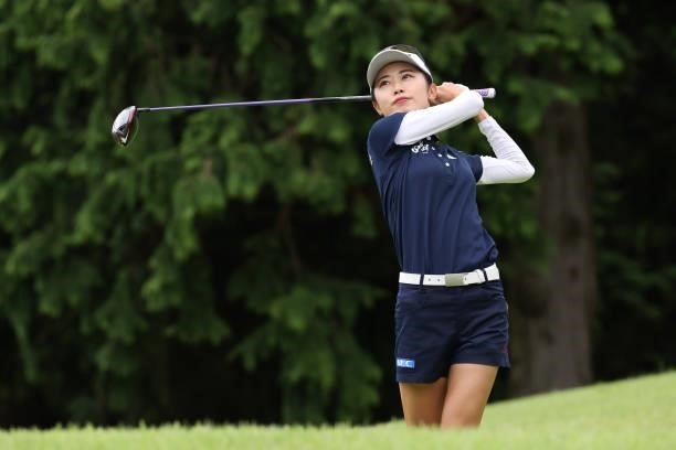 Yuka Yasuda of Japan hits her tee shot on the 2nd hole during the second round of the CAT Ladies at Daihakone Country Club on August 21, 2021 in...