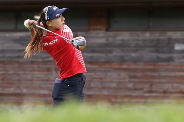 Naruha Miyata of Japan hits her tee shot on the 1st hole during the second round of the CAT Ladies at Daihakone Country Club on August 21, 2021 in...
