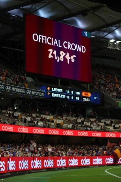 The crowd attendance is seen during the round 23 AFL match between Brisbane Lions and West Coast Eagles at The Gabba on August 21, 2021 in Brisbane,...