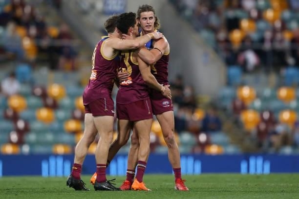 Jarrod Berry of the Lions celebrates a goal during the round 23 AFL match between Brisbane Lions and West Coast Eagles at The Gabba on August 21,...