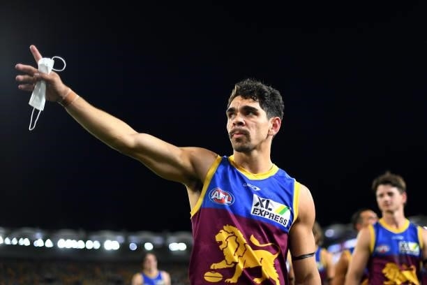 Charlie Cameron of the Lions gestures to fans after his team's victory during the round 23 AFL match between the Brisbane Lions and the West Coast...
