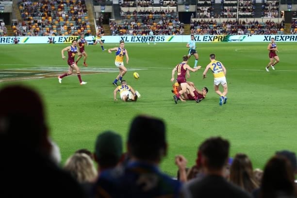 General view during the round 23 AFL match between Brisbane Lions and West Coast Eagles at The Gabba on August 21, 2021 in Brisbane, Australia.