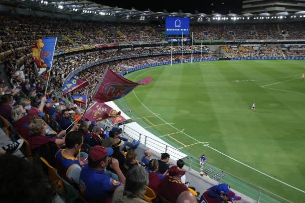 General view during the round 23 AFL match between Brisbane Lions and West Coast Eagles at The Gabba on August 21, 2021 in Brisbane, Australia.