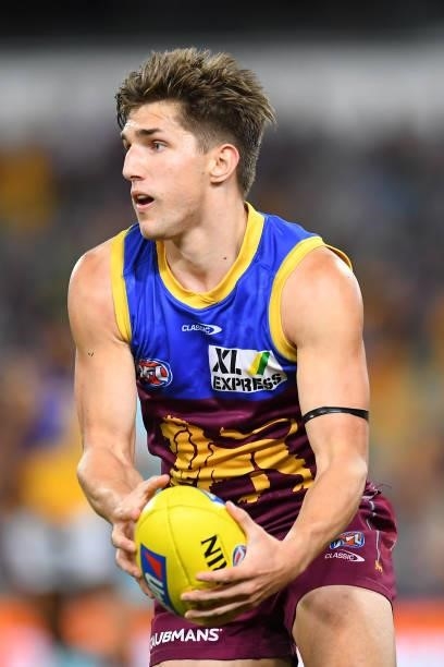 Zac Bailey of the Lions in action during the round 23 AFL match between the Brisbane Lions and the West Coast Eagles at The Gabba on August 21, 2021...