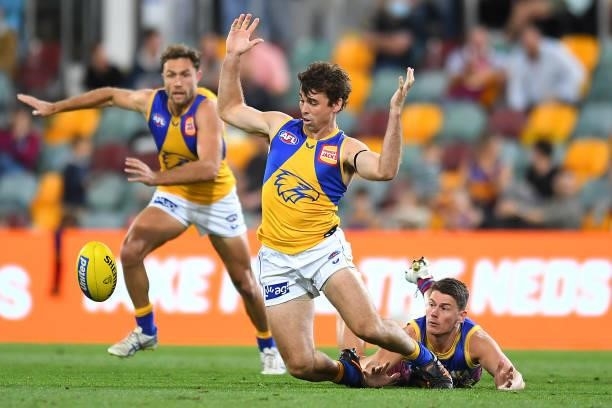 Jamie Cripps of the Eagles is fouled by Dayne Zorko of the Lions during the round 23 AFL match between the Brisbane Lions and the West Coast Eagles...