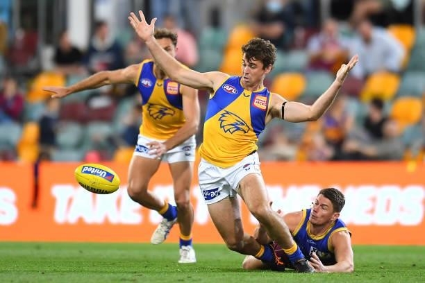 Jamie Cripps of the Eagles is fouled by Dayne Zorko of the Lions during the round 23 AFL match between the Brisbane Lions and the West Coast Eagles...