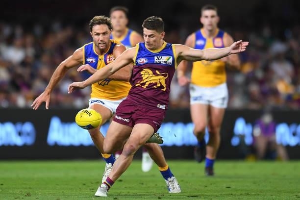 Dayne Zorko of the Lions kicks the ball during the round 23 AFL match between the Brisbane Lions and the West Coast Eagles at The Gabba on August 21,...