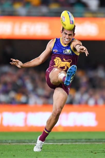 Jarryd Lyons of the Lions kicks the ball during the round 23 AFL match between the Brisbane Lions and the West Coast Eagles at The Gabba on August...