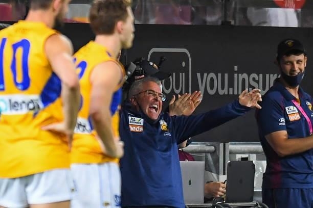 Brisbane Lions coach Chris Fagan celebrates at the final whistle during the round 23 AFL match between the Brisbane Lions and the West Coast Eagles...