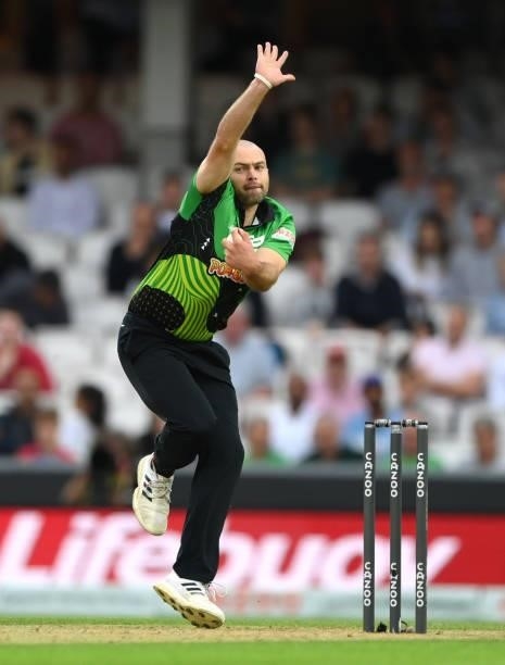Brave spin bowler Jake Lintott in bowling action during the Eliminator match of The Hundred between Southern Brave Men and Trent Rockets Men at The...