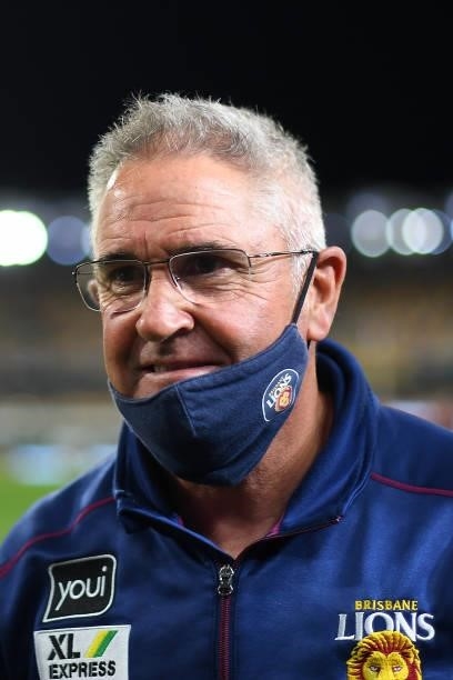 Brisbane Lions coach Chris Fagan smiles after his team's victory during the round 23 AFL match between the Brisbane Lions and the West Coast Eagles...