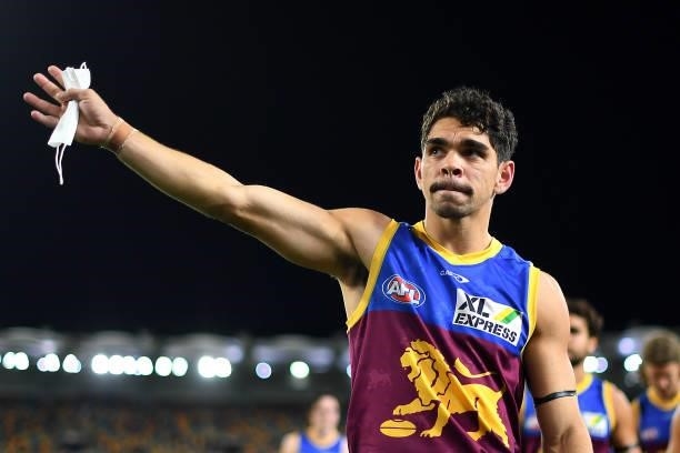 Charlie Cameron of the Lions waves to fans after his team's victory during the round 23 AFL match between the Brisbane Lions and the West Coast...
