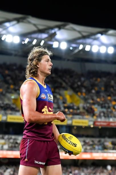Tom Fullarton of the Lions looks on during the round 23 AFL match between the Brisbane Lions and the West Coast Eagles at The Gabba on August 21,...