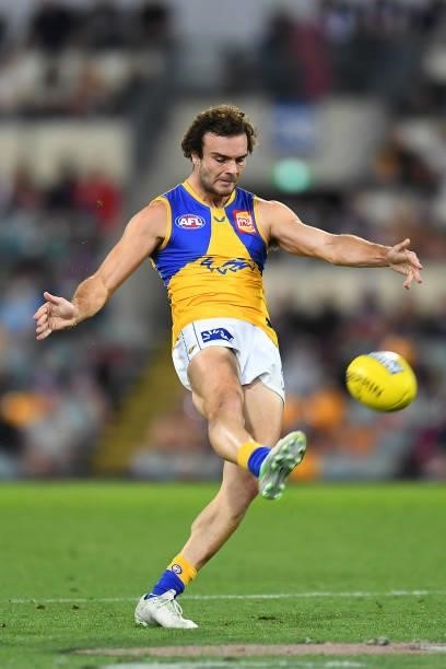 Jack Petruccelle of the Eagles kicks the ball during the round 23 AFL match between the Brisbane Lions and the West Coast Eagles at The Gabba on...