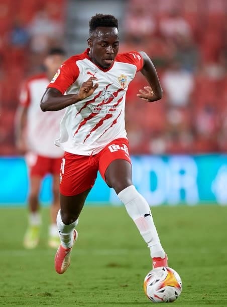 Arvin Appiah of UD Almeria runs with the ball during the LaLiga Smartbank match between UD Almería and Real Oviedo at Municipal de Los Juegos...