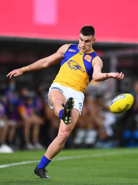 Elliott Yeo of the Eagles kicks the ball during the round 23 AFL match between the Brisbane Lions and the West Coast Eagles at The Gabba on August...
