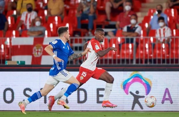 Sergio Akieme Rodriguez of UD Almeria runs with the ball during the LaLiga Smartbank match between UD Almería and Real Oviedo at Municipal de Los...