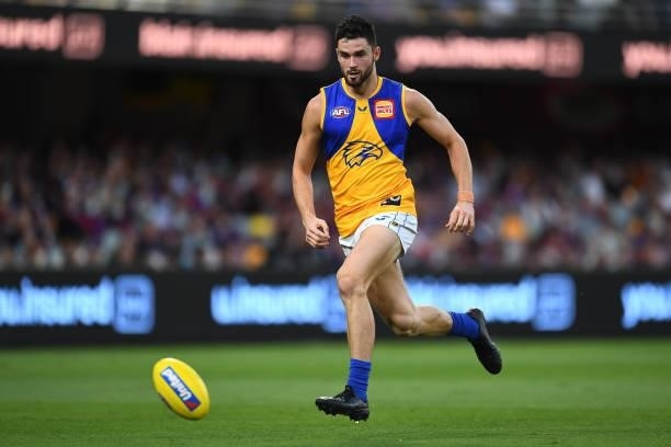 Jarrod Brander of the Eagles in action during the round 23 AFL match between the Brisbane Lions and the West Coast Eagles at The Gabba on August 21,...