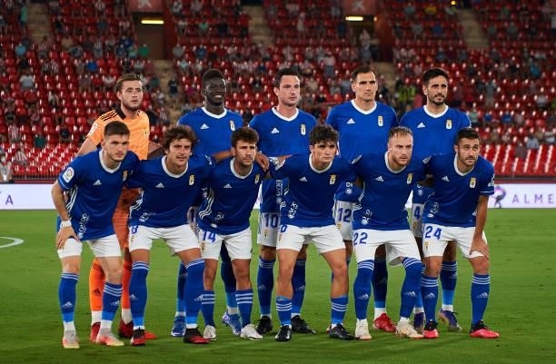 Players of Real Oviedo line up for a team photo prior to the LaLiga Smartbank match between UD Almería and Real Oviedo at Municipal de Los Juegos...
