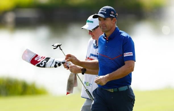 Padraig Harrington of Ireland on the 9th hole during Day Three of The D+D Real Czech Masters at Albatross Golf Resort on August 21, 2021 in Prague,...