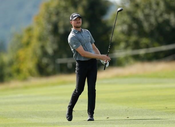 Richard Mansell of England on the 9th hole during Day Three of The D+D Real Czech Masters at Albatross Golf Resort on August 21, 2021 in Prague,...