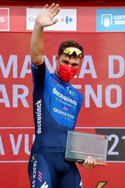 Fabio Jakobsen of Netherlands and Team Deceuninck - Quick-Step celebrates winning the stage on the podium ceremony after the 76th Tour of Spain 2021,...
