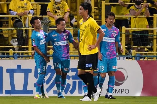 Tomoya Koyamatsu of Sagan Tosu celebrates scoring his side's second goal during the J.League Meiji Yasuda J1 match between Kashiwa Reysol and Sagan...
