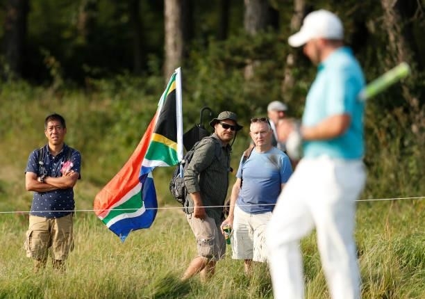 Spectator wears a South African flag whilst watching Dean Burmester on the 14th hole during Day Three of The D+D Real Czech Masters at Albatross Golf...