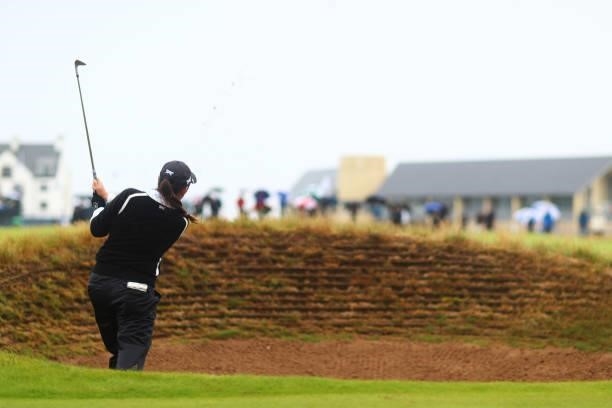 Mina Harigae of The United States plays her second shot on the sixteenth hole out of a bunker during Day Three of the AIG Women's Open at Carnoustie...