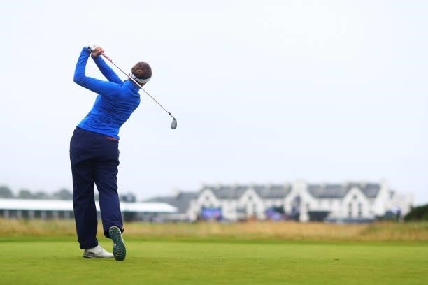 Georgia Hall of England tees off on the sixteenth hole during Day Three of the AIG Women's Open at Carnoustie Golf Links on August 21, 2021 in...
