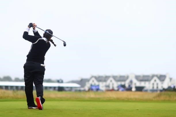 Mina Harigae of The United States tees off on the sixteenth hole during Day Three of the AIG Women's Open at Carnoustie Golf Links on August 21, 2021...
