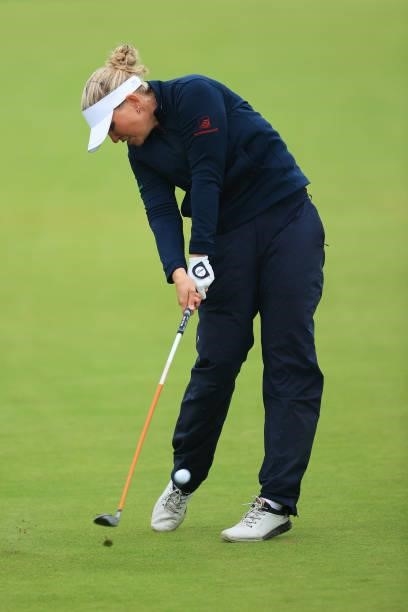 Nanna Koerstz Madsen of Denmark plays her second shot on the seventeenth hole during Day Three of the AIG Women's Open at Carnoustie Golf Links on...