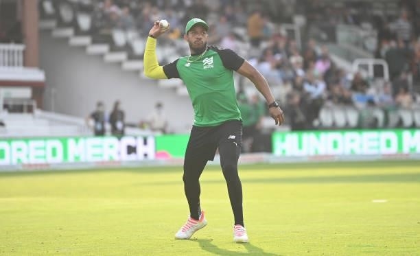 Chris Jordan of Southern Brave Men warms up ahead of The Hundred Final match between Birmingham Phoenix Men and Southern Brave Men at Lord's Cricket...