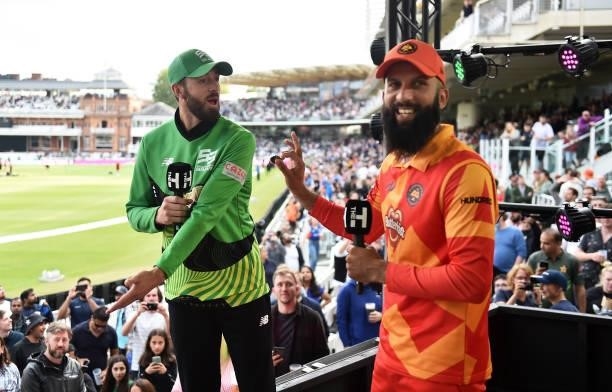 James Vince of Southern Brave Men and Moeen Ali looks on ahead of The Hundred Final match between Birmingham Phoenix Men and Southern Brave Men at...