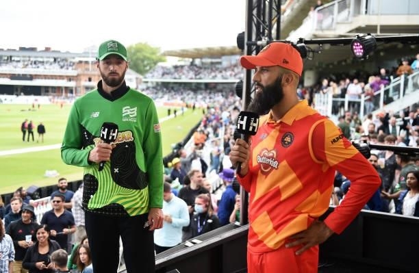 James Vince of Southern Brave Men and Moeen Ali looks on ahead of The Hundred Final match between Birmingham Phoenix Men and Southern Brave Men at...